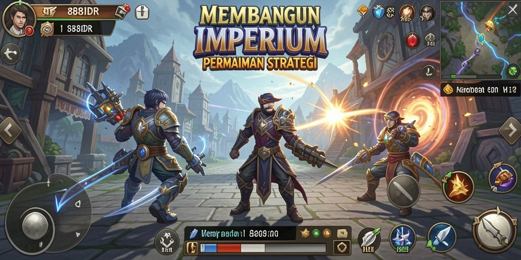 Tangkapan layar gameplay menunjukkan pertempuran epik dan strategi menang.