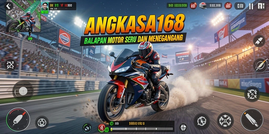 Screenshot permainan ANGKASA168 menampilkan aksi balapan motor yang mendebarkan.