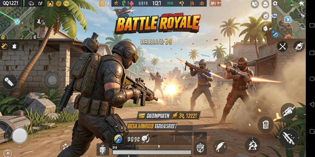 Screenshot gameplay seru dari QQ1221 menampilkan aksi Battle Royale yang mendebarkan.