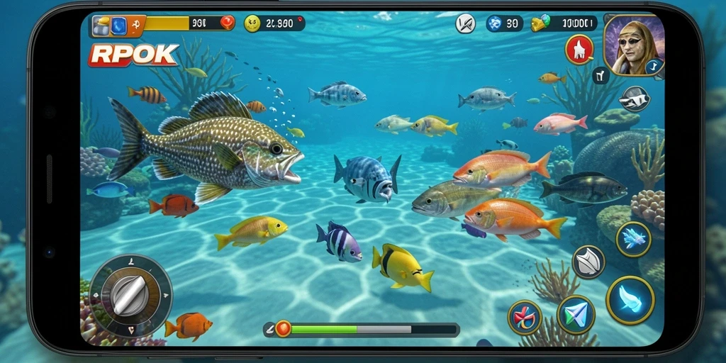 Tampilan gameplay RPOK dengan aksi menembak ikan yang seru.