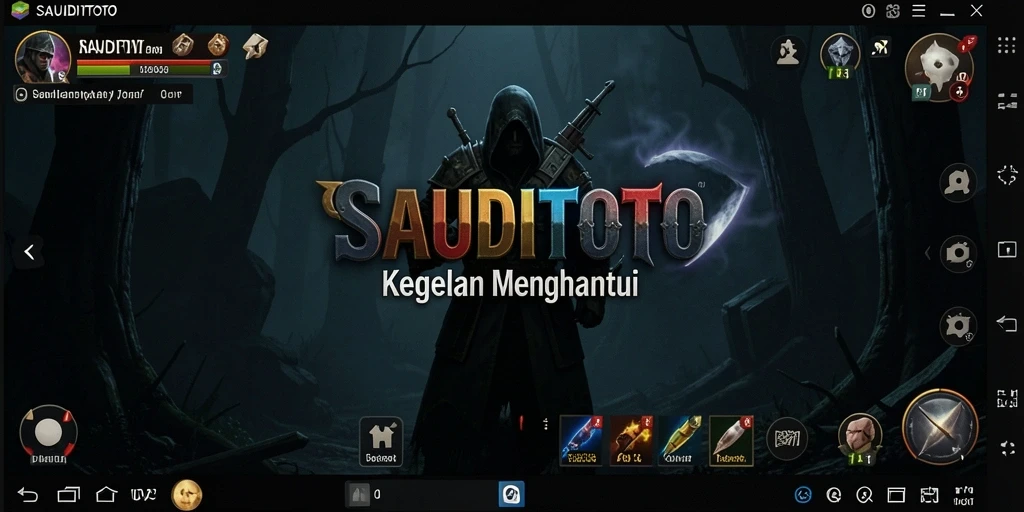 Screenshot gameplay SAUDITOTO menampilkan suasana mencekam dan karakter yang terjebak dalam kegelapan.