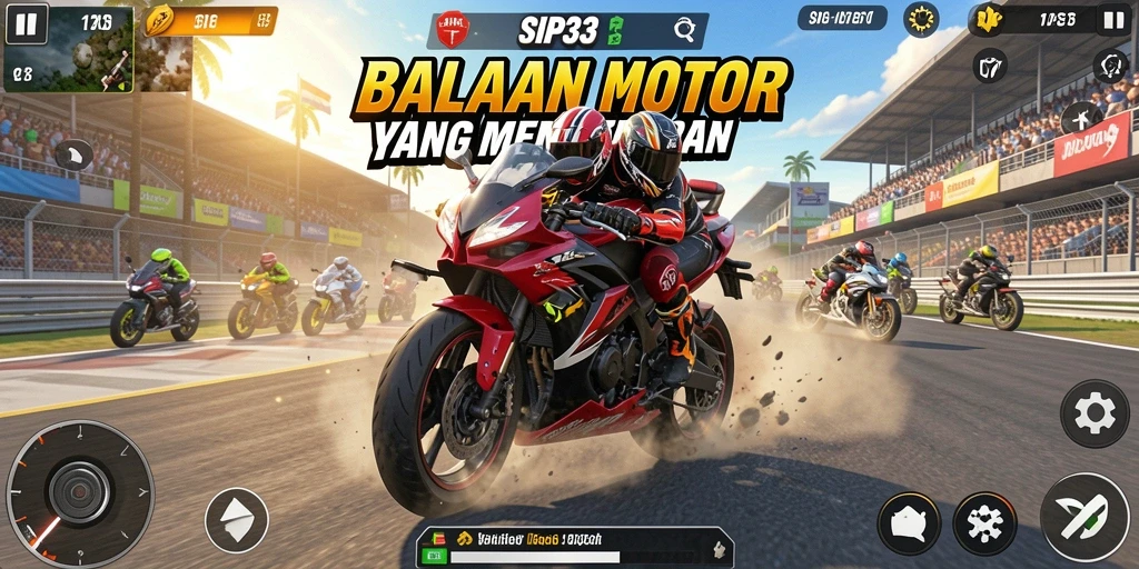 Screenshot menampilkan aksi balapan motor yang seru di lintasan menantang.