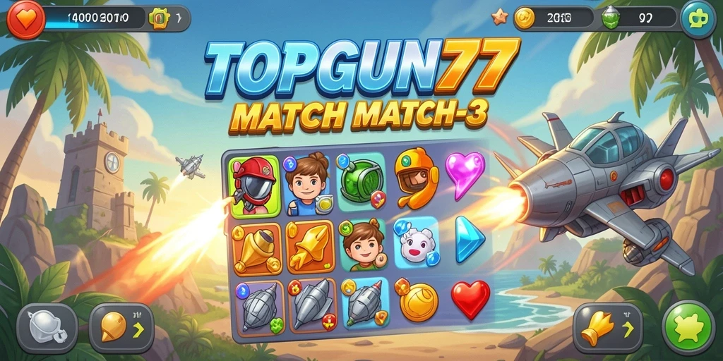 Screenshot gameplay <strong>TOPGUN77</strong> dengan grafis Match-3 yang menarik.
